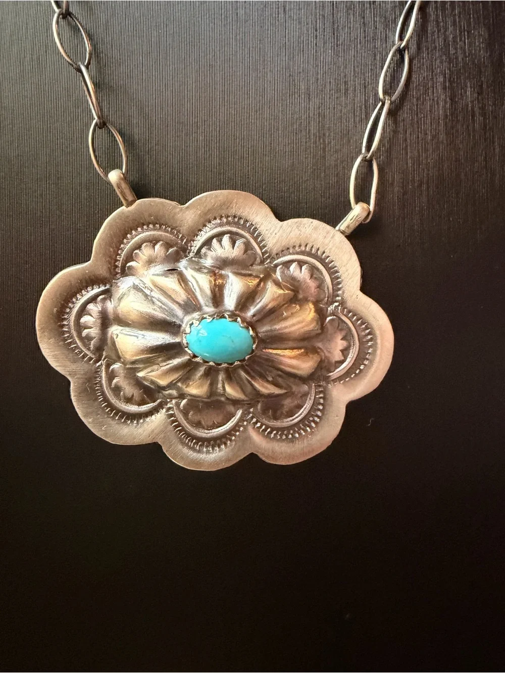 Lavina Benally Navajo Turquoise Concho Pendant Necklace - Sterling Silver